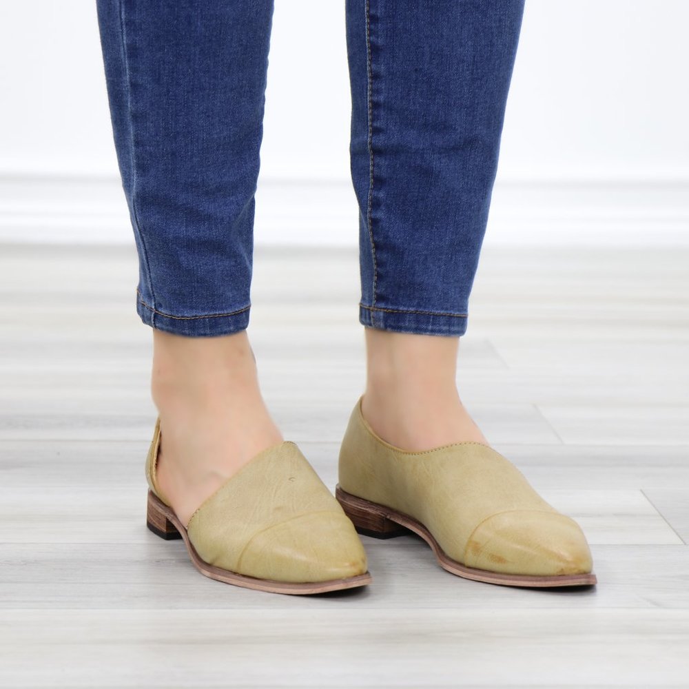 Beige Opened Side Pointy Slip On Flat Loafer - Picture 2 of 9